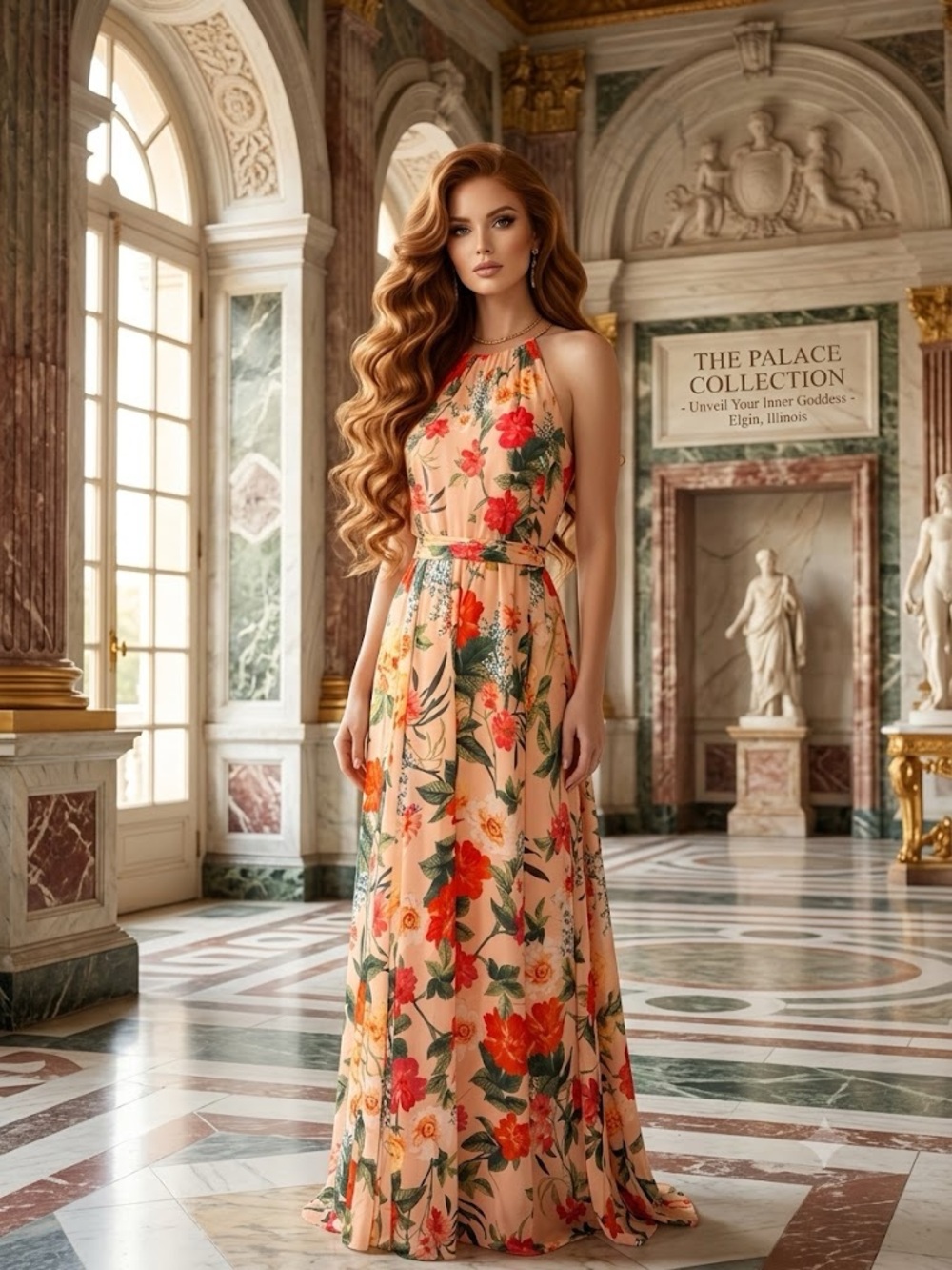 Eliza J Peach Floral Halter Maxi Dress with Red & Green Print
